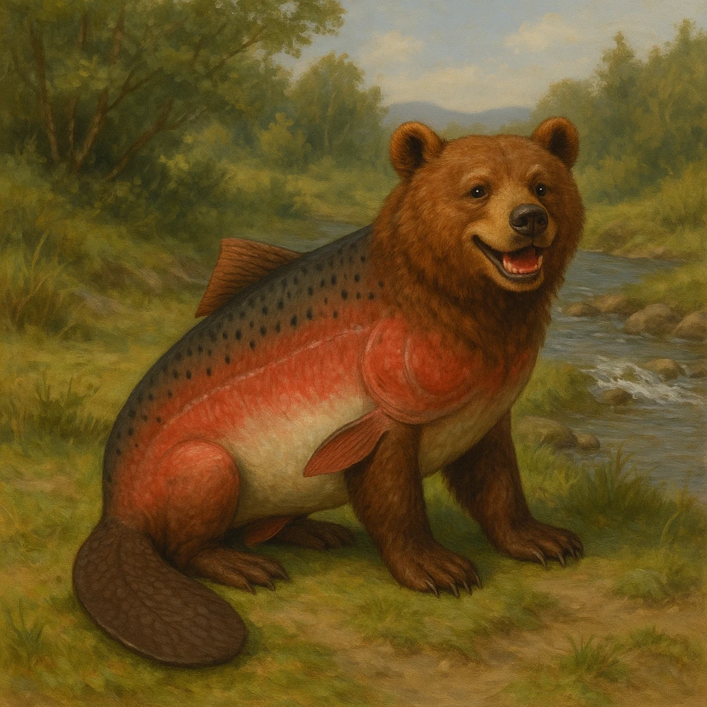 A bear with a salmon body and a beaver tail, smiling emoji