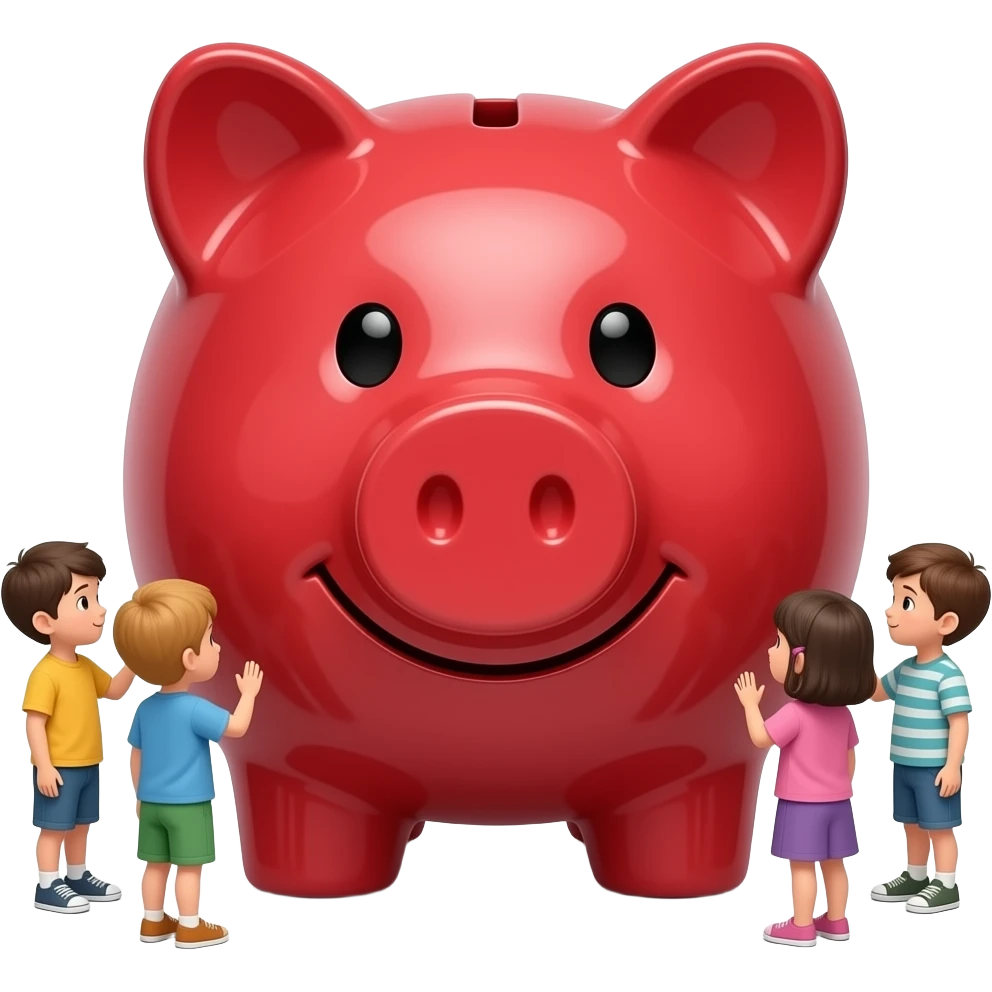piggy bank and small people standing around it looking at it naturally emoji