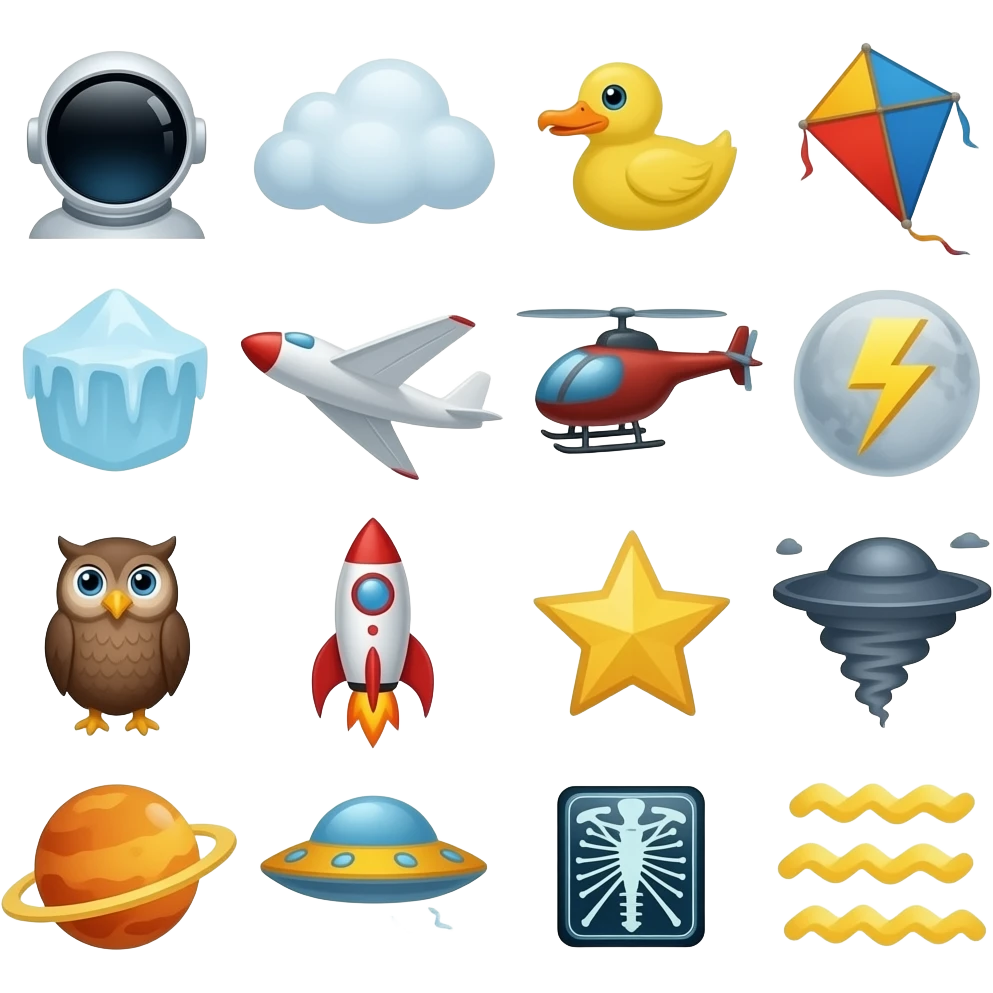 Air alphabet: a is for astronaut, b is for balloon, c is for cloud, d is for duck, eagle, fly, glider, helicopter, ice, jet, kite, lightning, moon, Neptune, owl, plane, queen, rocket, star, tornado, ufo, Venus, wind, x-rays, yellow, zigzag emoji