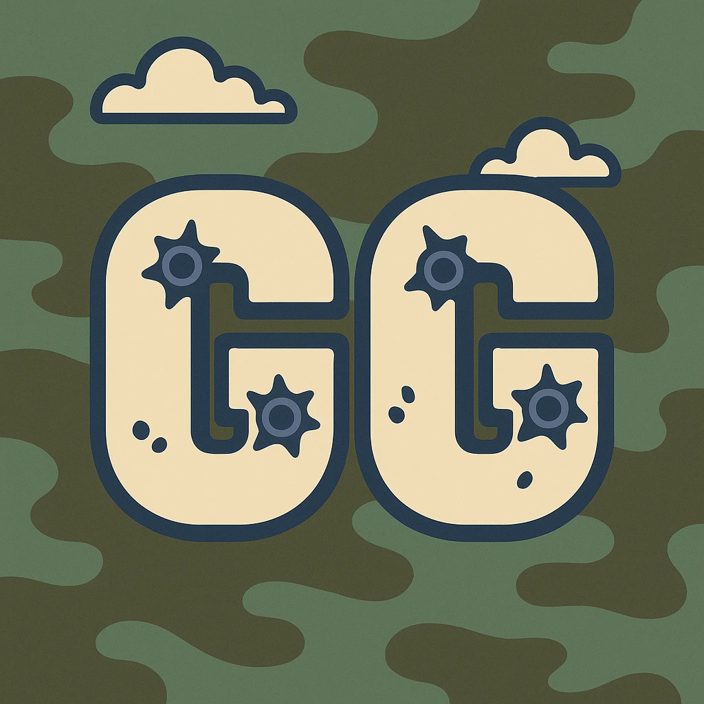 "GG" emote in Call of Duty style with metallic text, bullet holes, green and brown camo background, action-packed, for gamers emoji