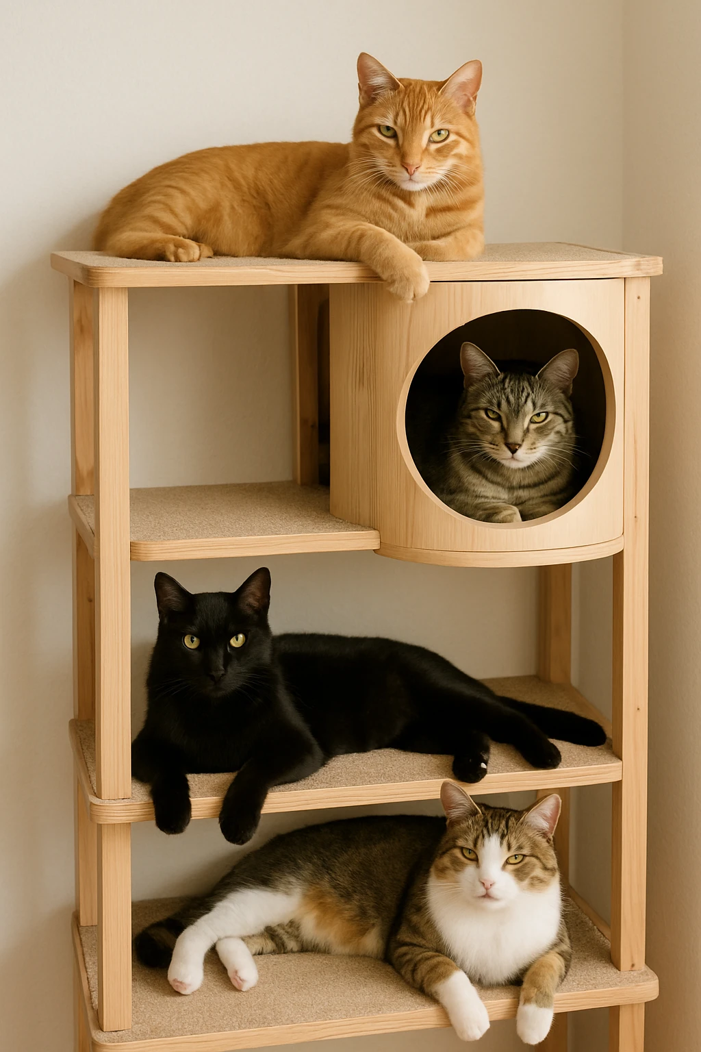 cats relaxing in a vertical playhouse emoji