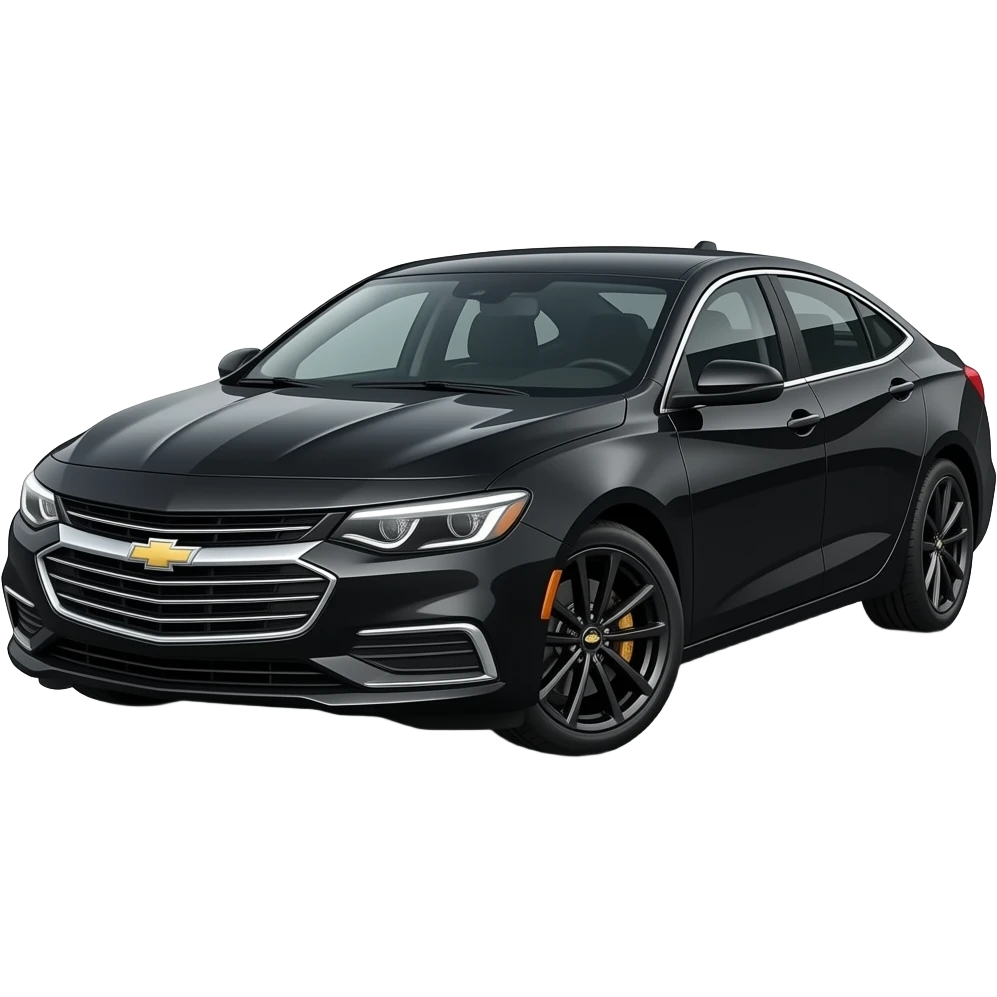 A realistic, high-detail photograph of a glossy black Chevrolet Malibu 2 Turbo Premier sedan with tinted windows, bright LED white headlights emitting a dinamic brighting glowing effect and black alloy rims. emoji
