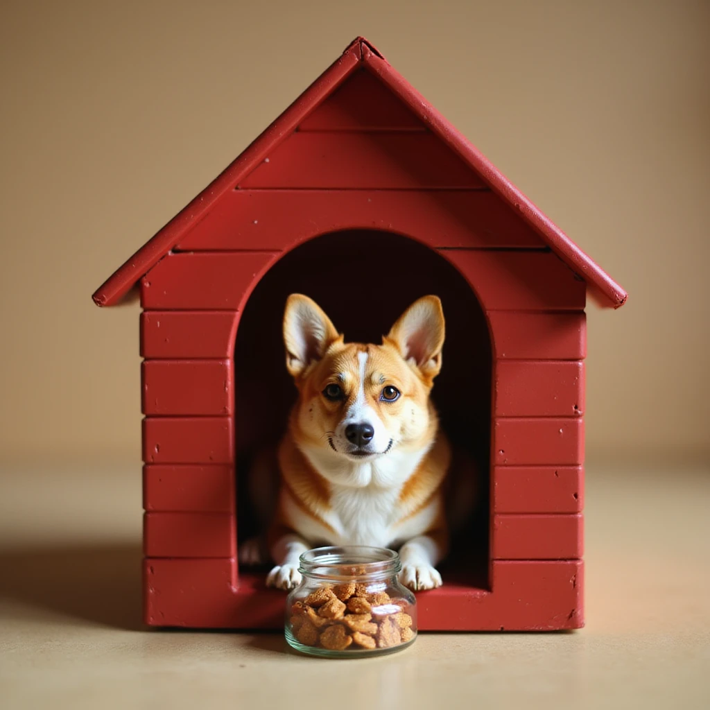 realistic red dog house with a Corgi dog inside, Corgi with a treat jar, photorealistic style emoji