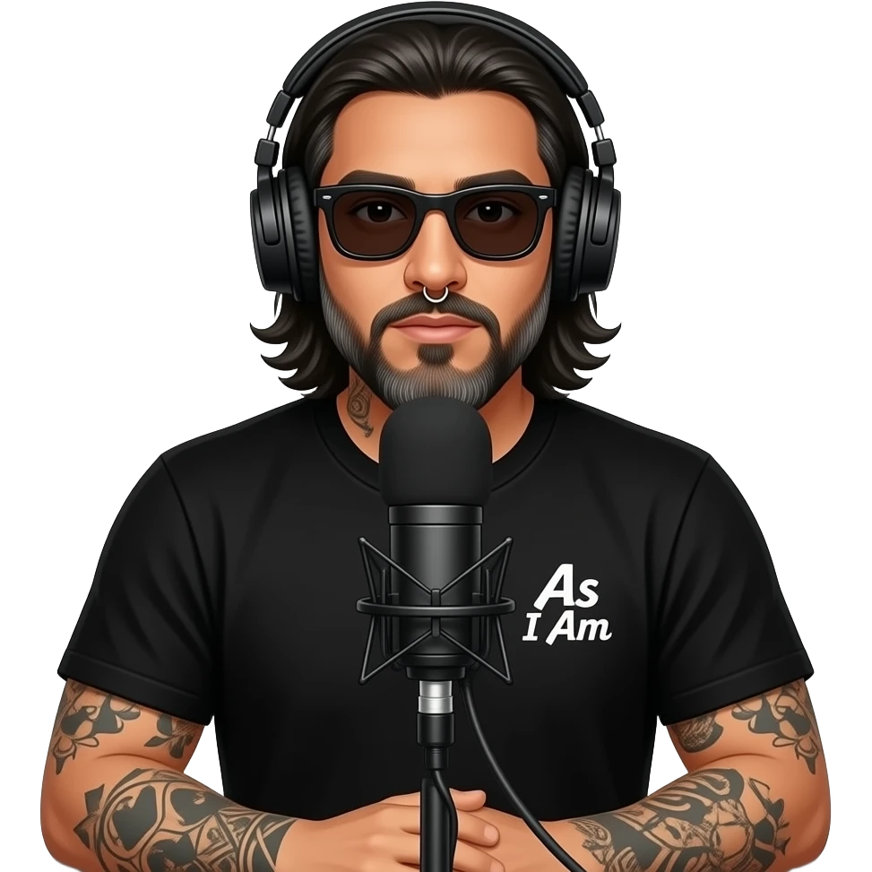 A podcast host wearing headphones and sitting in front of a microphone who is a handsome Latino man with medium length hair and pretty long beard with some grays and tattoos with a right nose hoop and a left earring hoop wearing all black and black sunglasses with a logo that says as I am emoji
