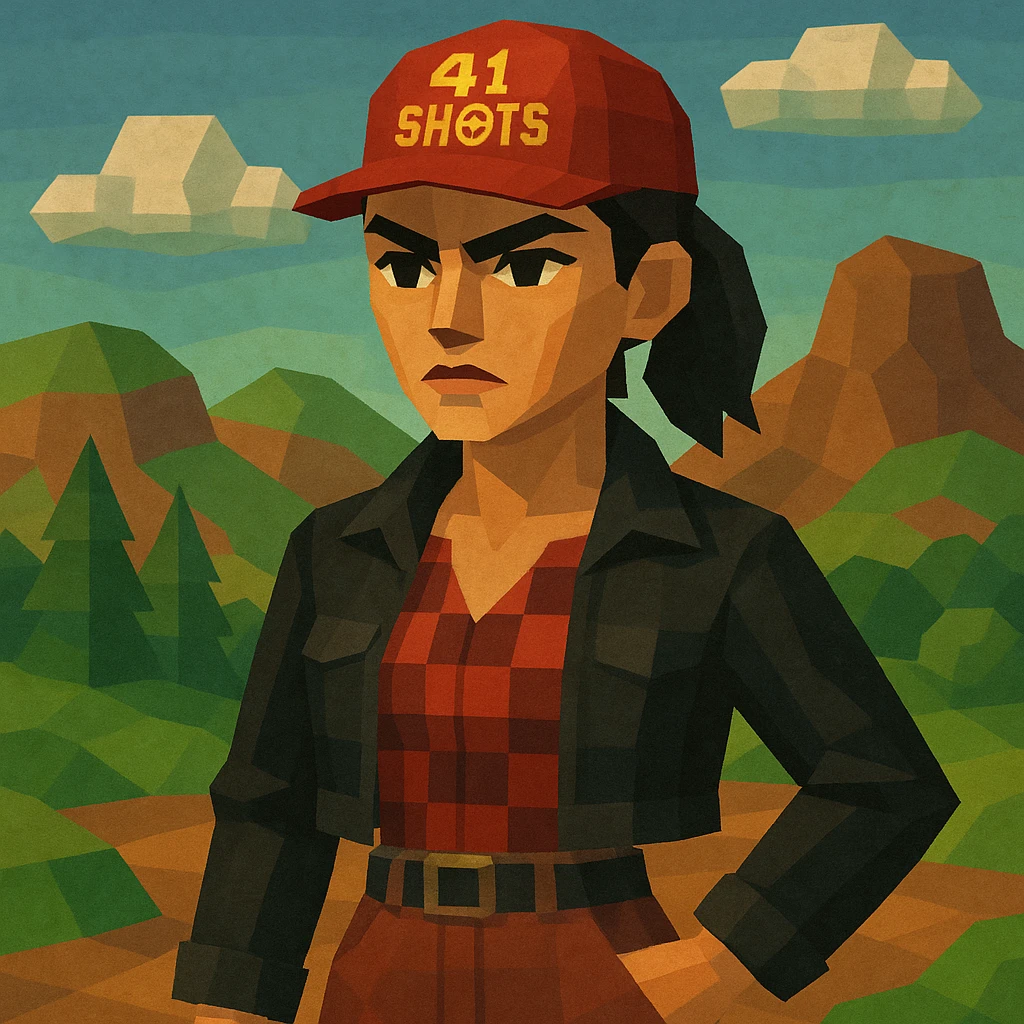low-poly 3D style female figure with prominent eyebrows and angular face, serious confident expression, wearing a red cap with '41 SHOTS' logo and target sight, black hair in ponytail, black cropped jacket, red-black checkered shirt, high-waisted pants with black belt, stylized hills and clouds background, earthy palette with red and green, determined rebellious expression emoji