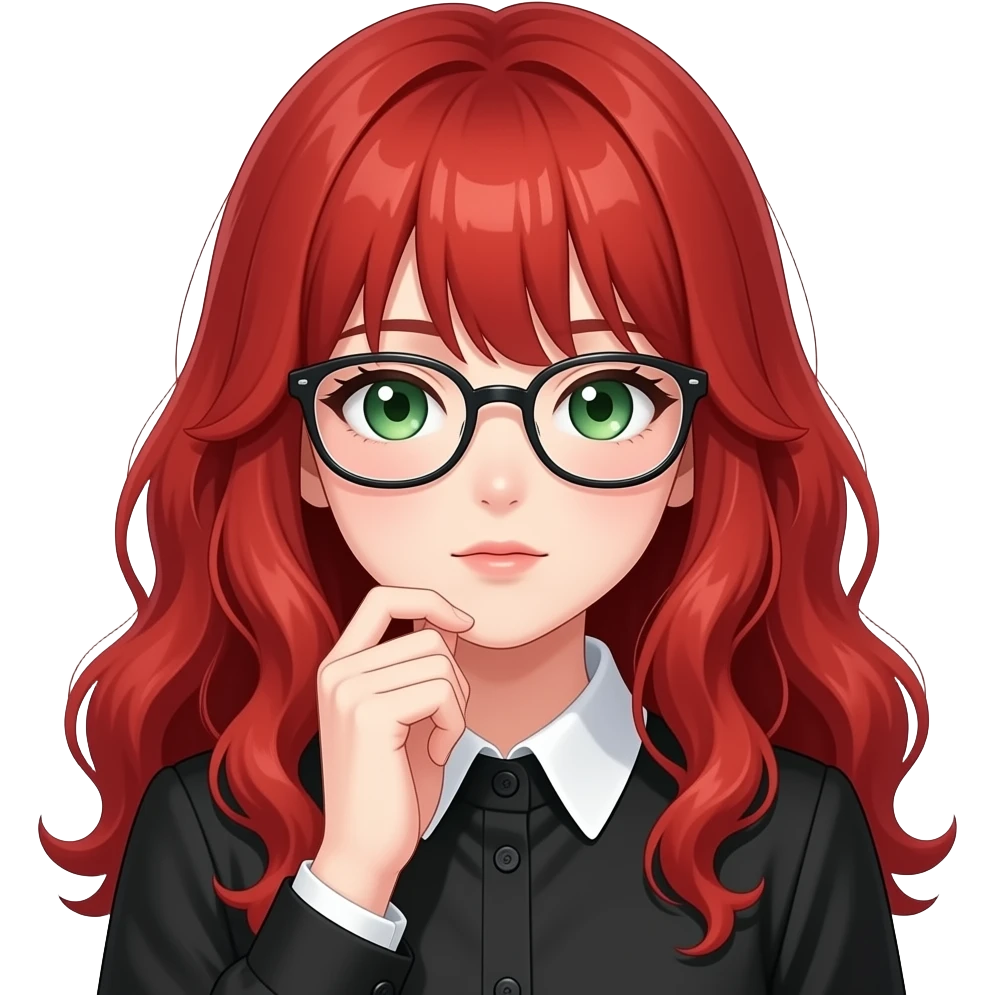 anime girl, glasses thinking very hard,  red hair, green eyes, black blouse with white collar emoji