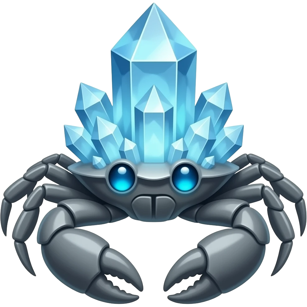 A Gray crab with crystals in a big Crystal on its back with blue glowing eyes  facing forward emoji