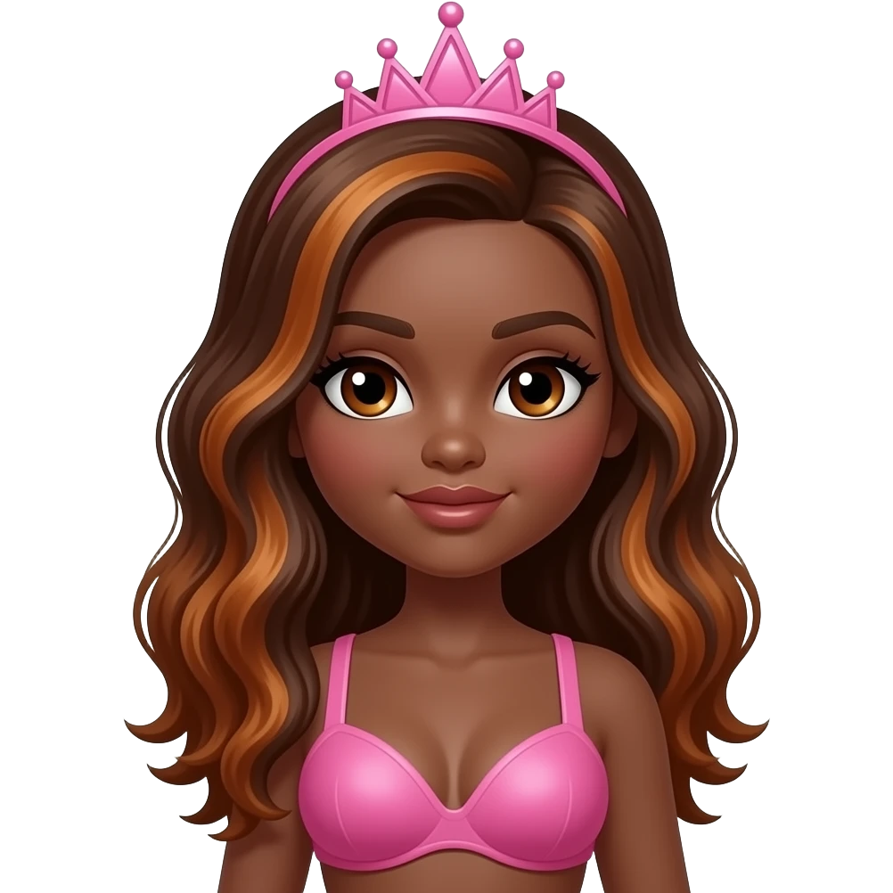 hair with pink tiara, Dark brown eyebrows,Dark brown skin, Doll shaped face, doll eyes, wavy with side part longer straightened auburn  hair with dark brown highlights, big breast no bra emoji