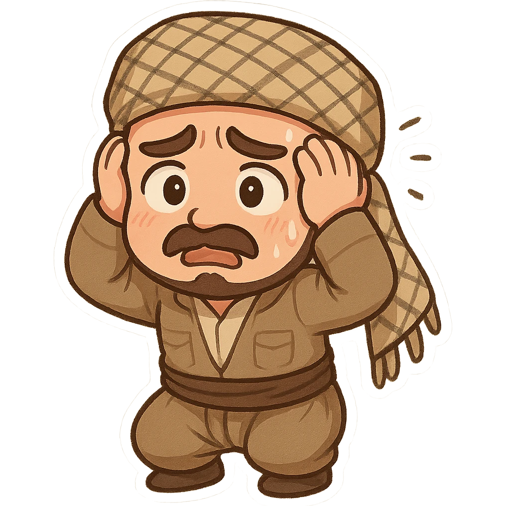 Kurdish man in traditional dress jamadani, anxious mood, cartoon style, hands on head or looking stressed, no text emoji