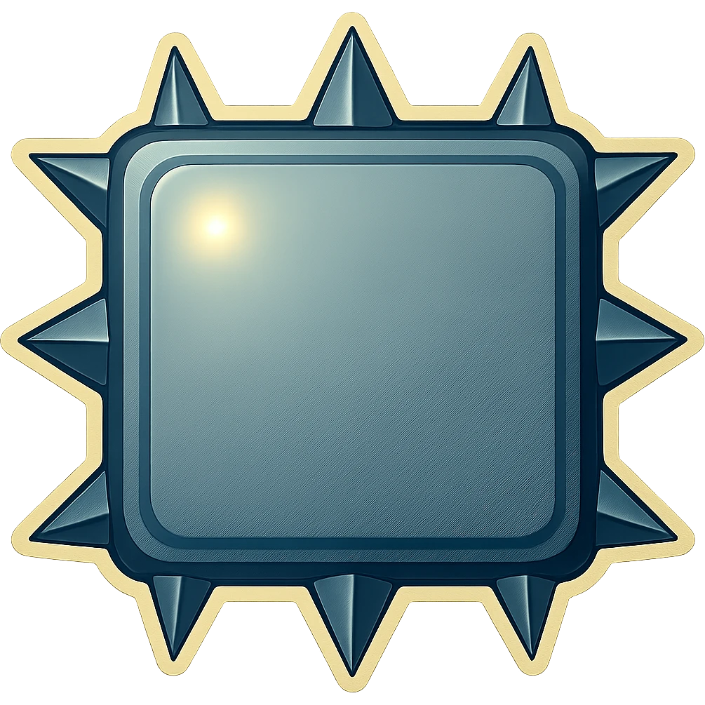 Edit the metal slab to have all spikes on the side edges short, fat, and extremely pointy triangular. Each spike should point directly up, down, left, or right, perpendicular to the edge it is on. Maintain the head-on view, retro sticker style, and transparent background. emoji