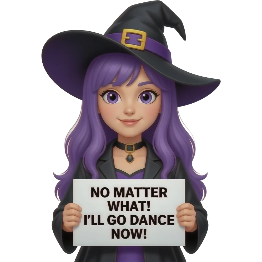 girl with long purple hair wearing a halloween costume holding a MIR DOCH EGAL! Ich gehe JETZT TANZEN! sign emoji