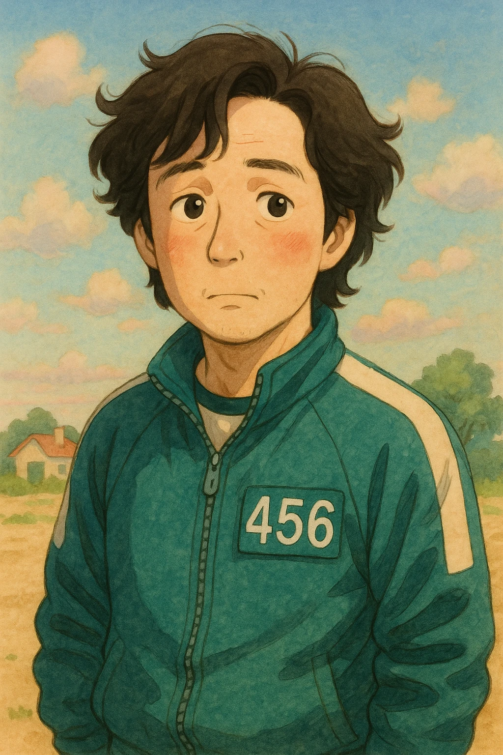 squid game player in green tracksuit, ghibli style emoji