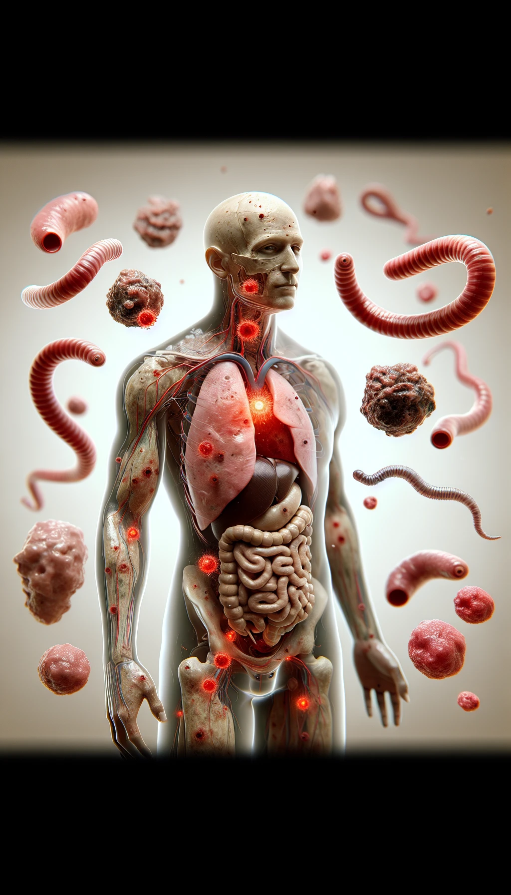 corpo umano anatomico con cellule tumorali intorno, cancro e malessere generale, parassiti come la tenia intorno, sfondo neutro chiaro, iperrealistico 4k emoji