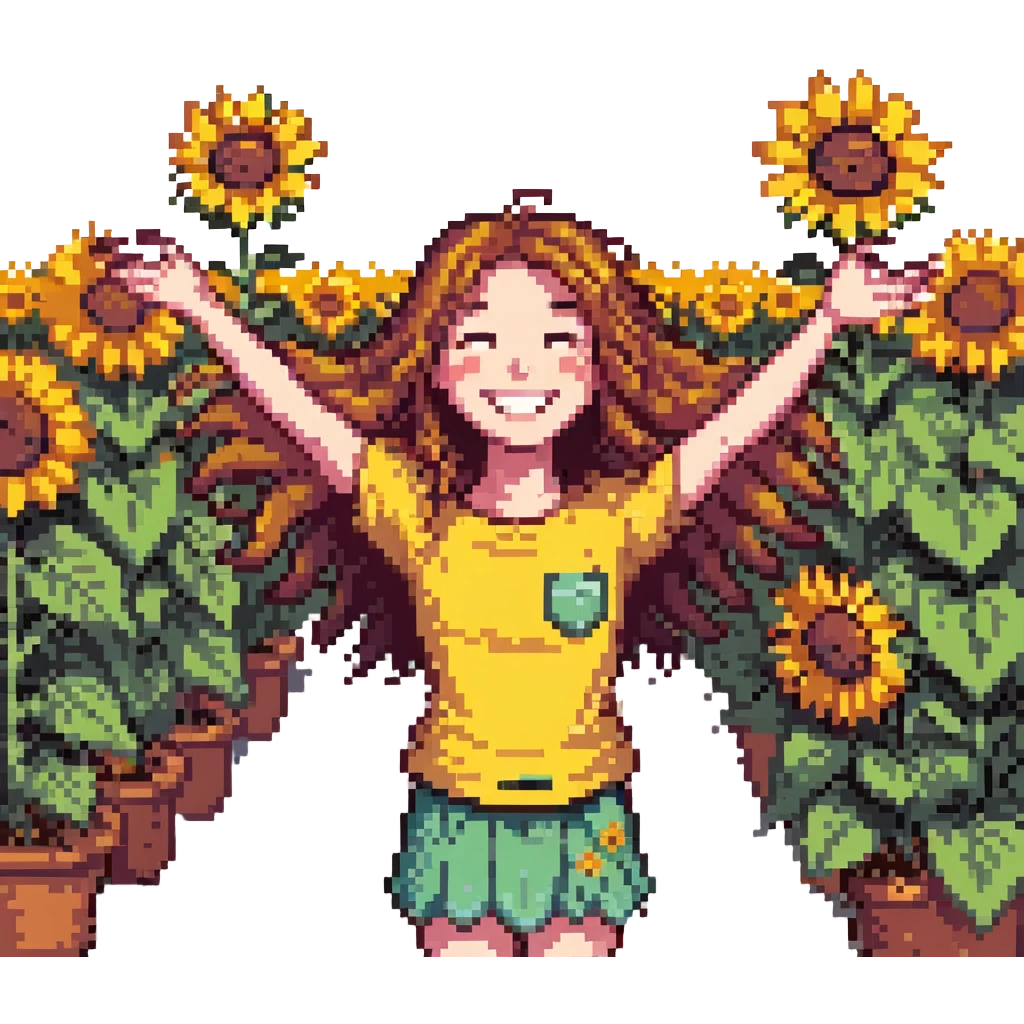 Big smile with open arms and sunflower petals as hair emoji