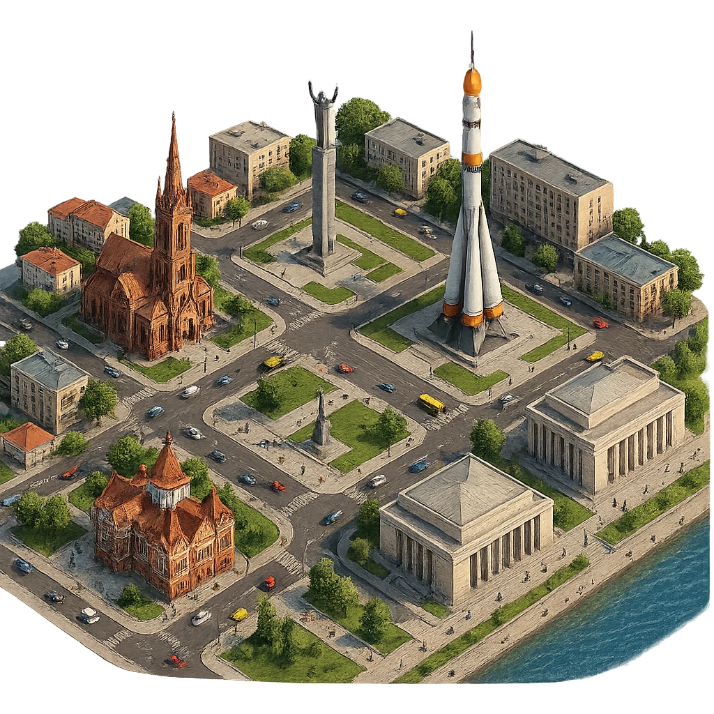 Изометричная чёткая миниатюрная фотореалистичная 3D модель панорамы Самары — Площадь Славы, Памятный комплекс ракеты-носителя «Союз», Храм Пресвятого Сердца Иисуса, Самарский академический театр драмы им. М. Горького, Самарский академический театр оперы и балета, набережная Волги, дома, люди, автотранспорт. Вид сверху в изометрии, яркие цвета, прозрачный фон, компактная композиция. emoji