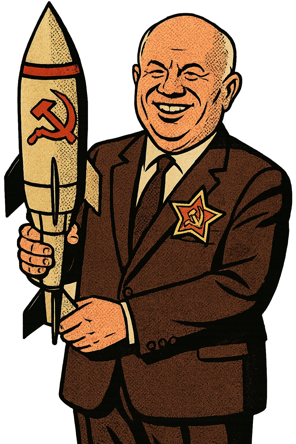a full body of Soviet leader Nikita Khrushchev who is smiling and wearing a suit with a large communist badge. He is holding a soviet nuclear missile emoji