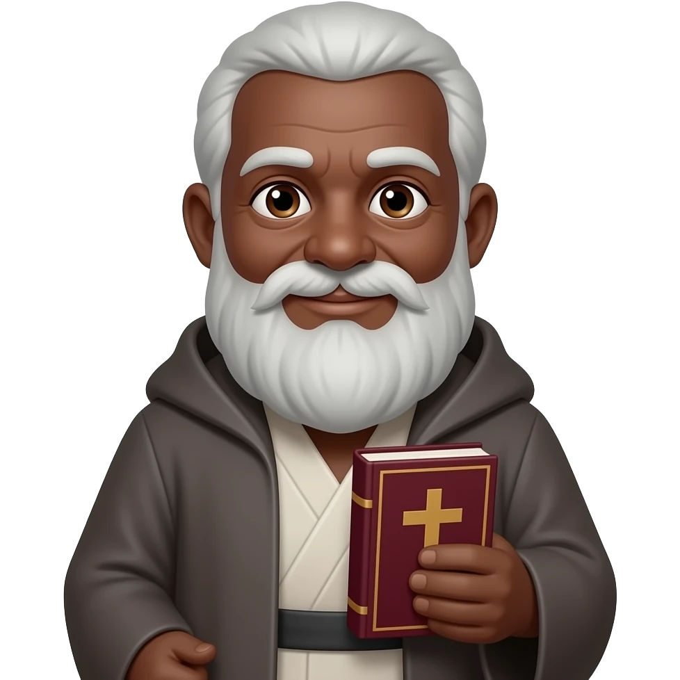 wise old man slight smile with grey hair robe slight brown eyes white beard black skin warm holding burgundy book that has a cross on it emoji