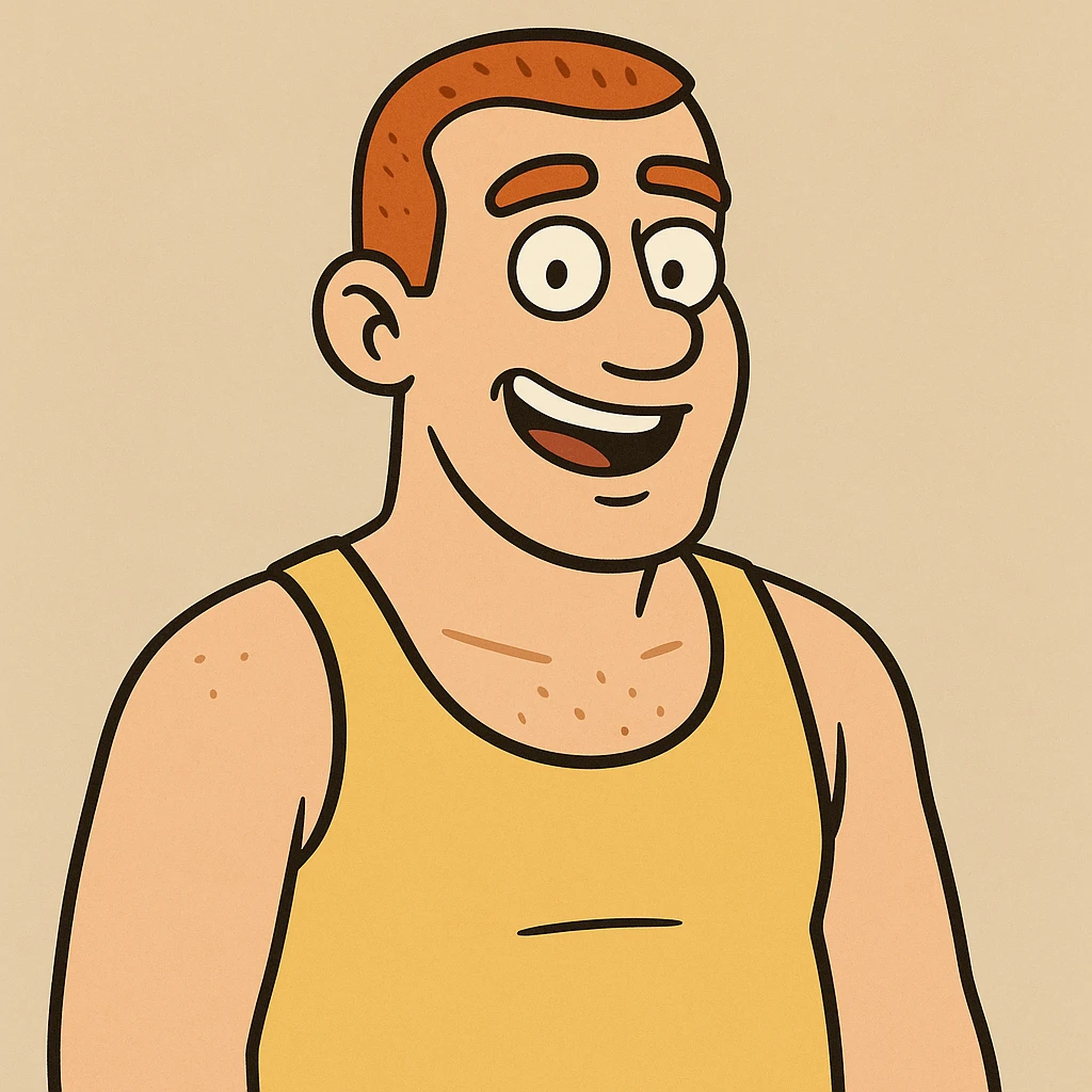 redhead man with a buzz cut in a yellow tank top, smiling, casual pose, simple background emoji