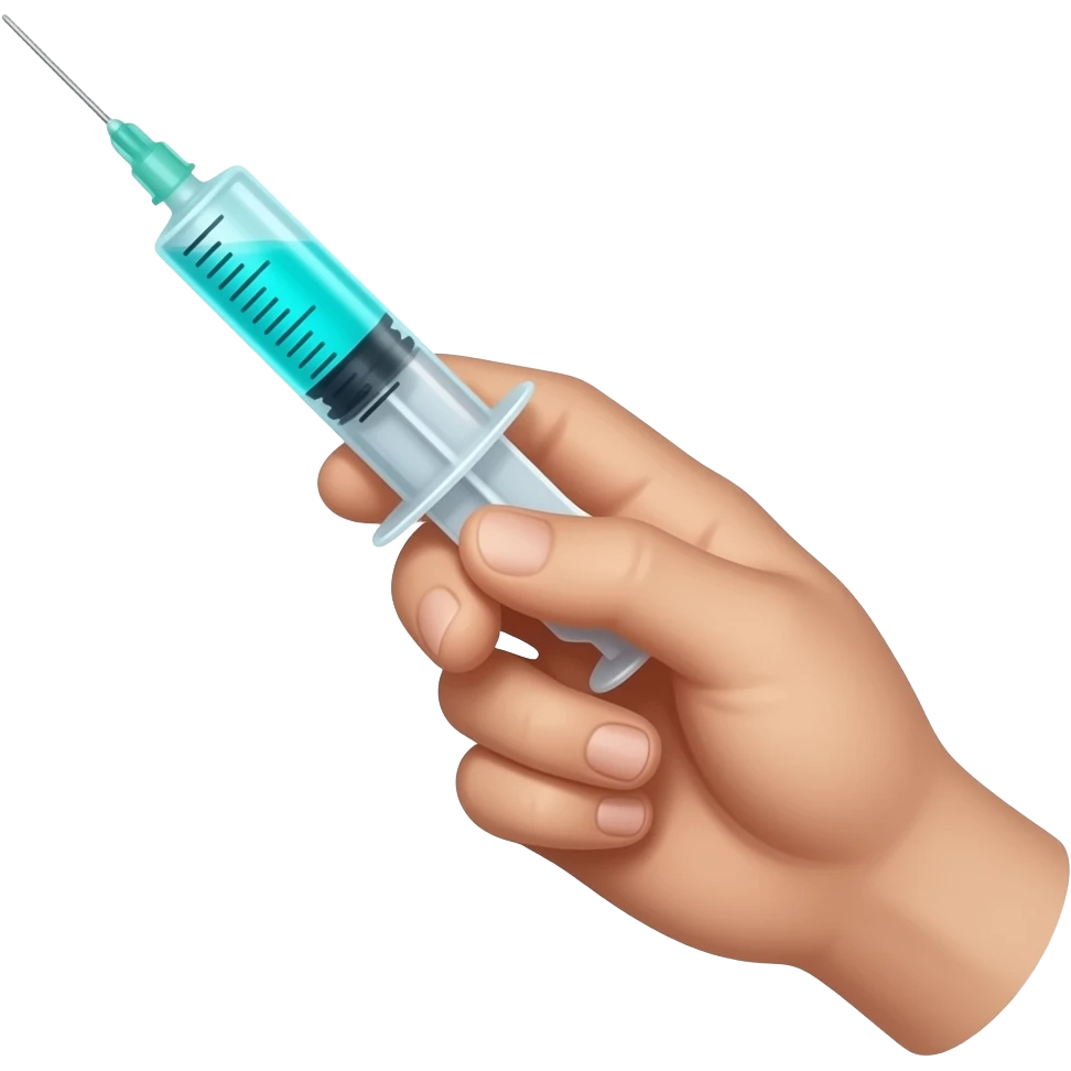 A dainty male hand holding a syringe with glowing neon-cyan-blue liquid inside emoji
