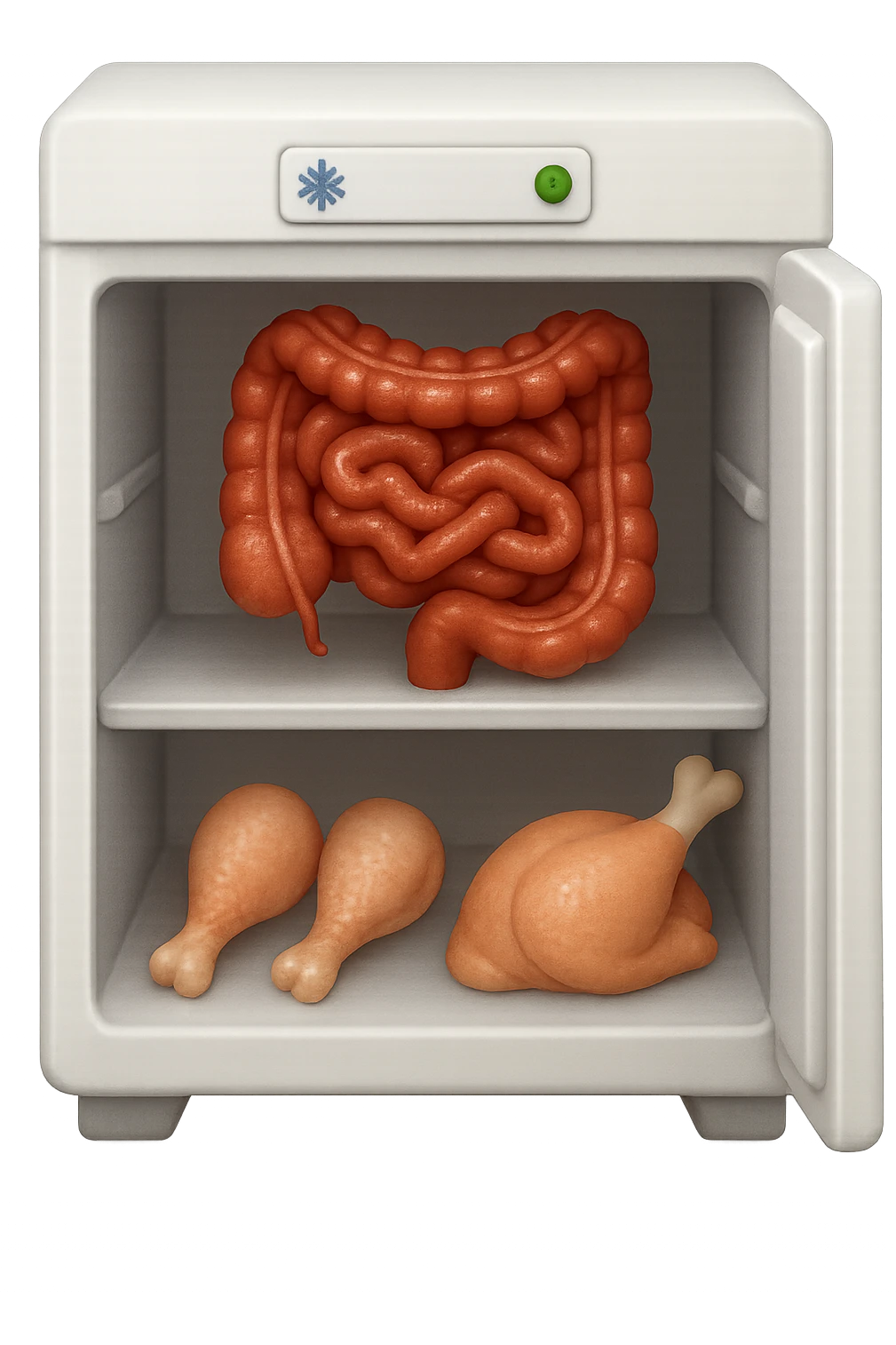 emoji stile iphone DI UN CONGELATORE CON INTESTINO realistico DENTRO INSIEME A PORZIONI DI POLLO E TACCHINO, iperrealistico 4k emoji