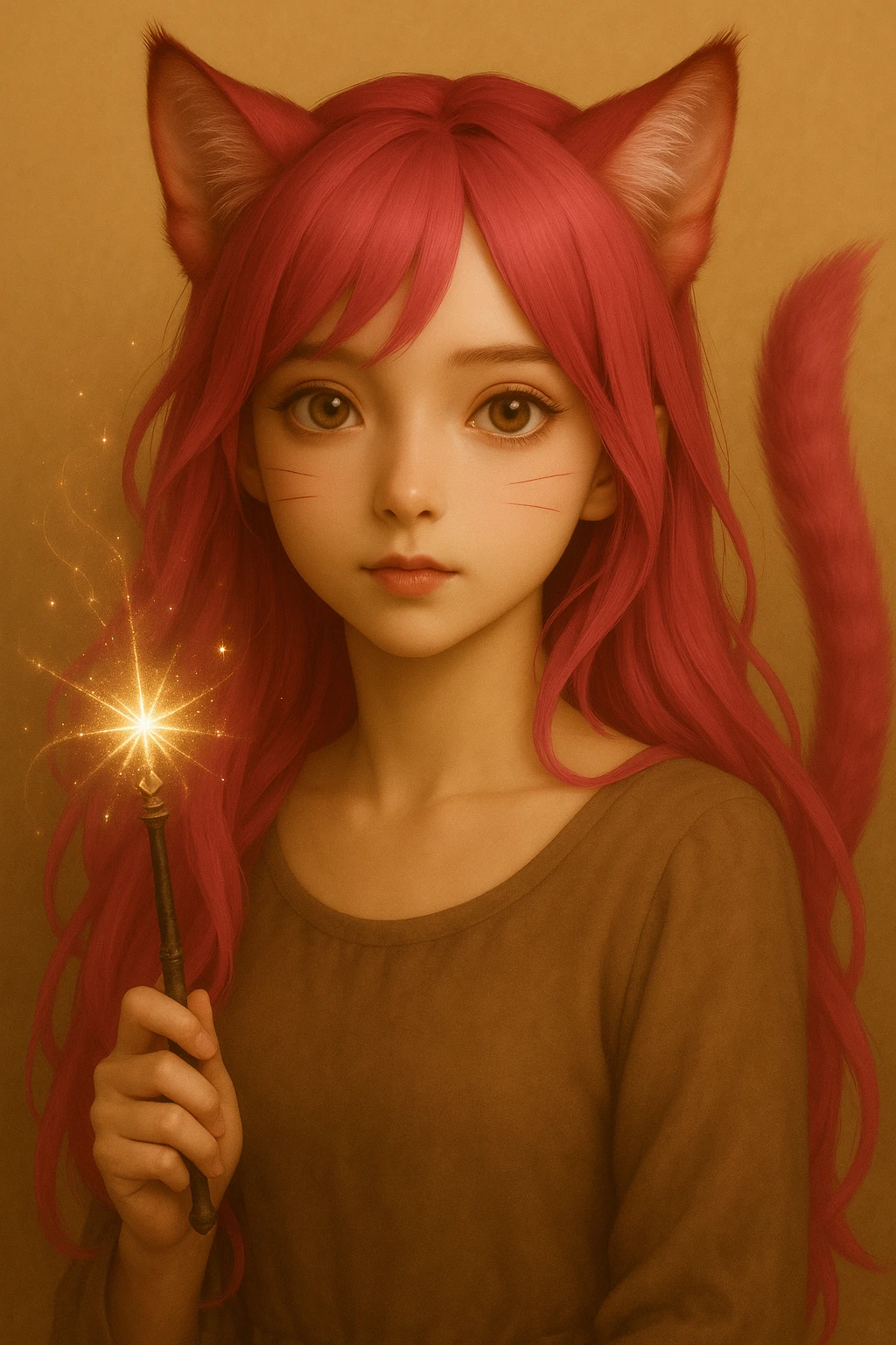 Add a magical accessory such as a sparkling wand or mystical orb to the catgirl, keeping the realistic anime style and pink hair. emoji
