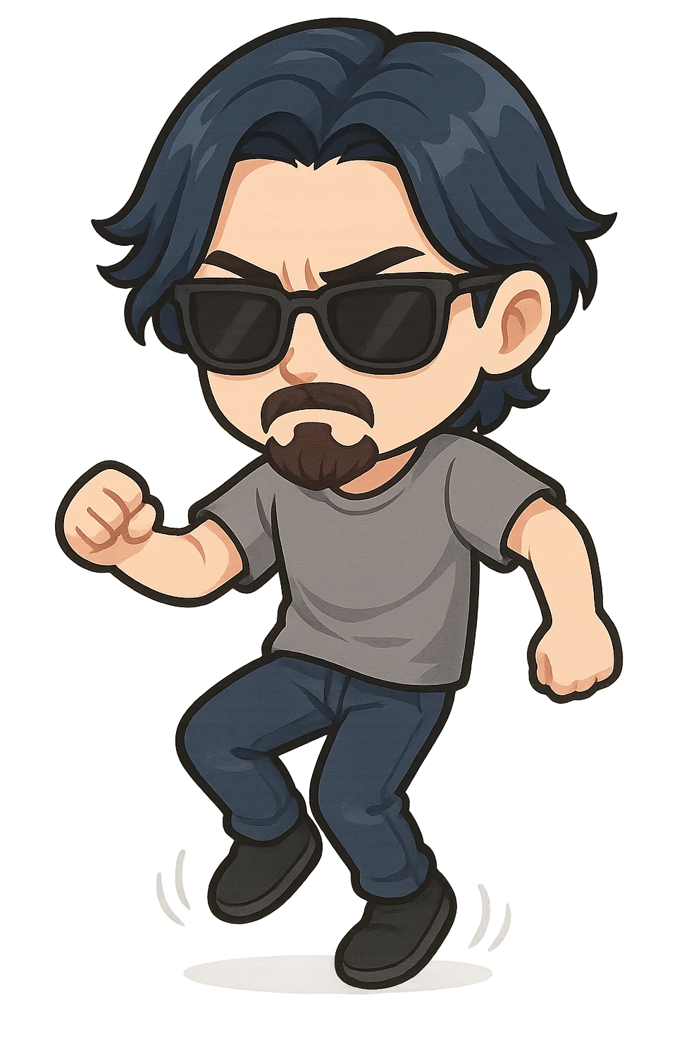 a dark brooding hipster with electric dark blue hair, surfer middle part, chin length hair, classic neat trimmed bushy goatee, black classic rayban shades, plain gray t-shirt, doing the shuffle dance, step shuffle tiktok dance, 1980's dance emoji