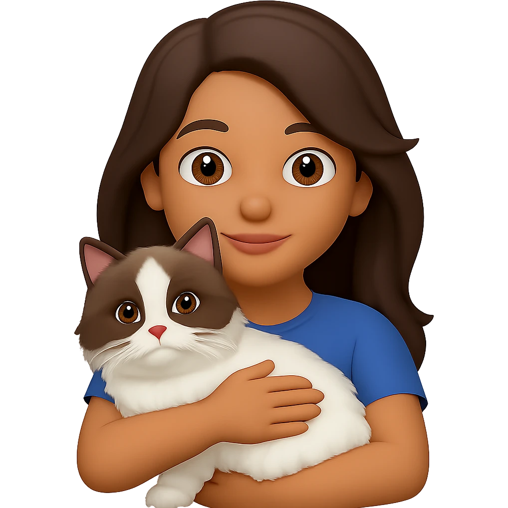 Change the girl's pink sweater to a regular t-shirt and give her light tan skin. She is hugging a Himalayan cat. Render in emoji style with no background. emoji
