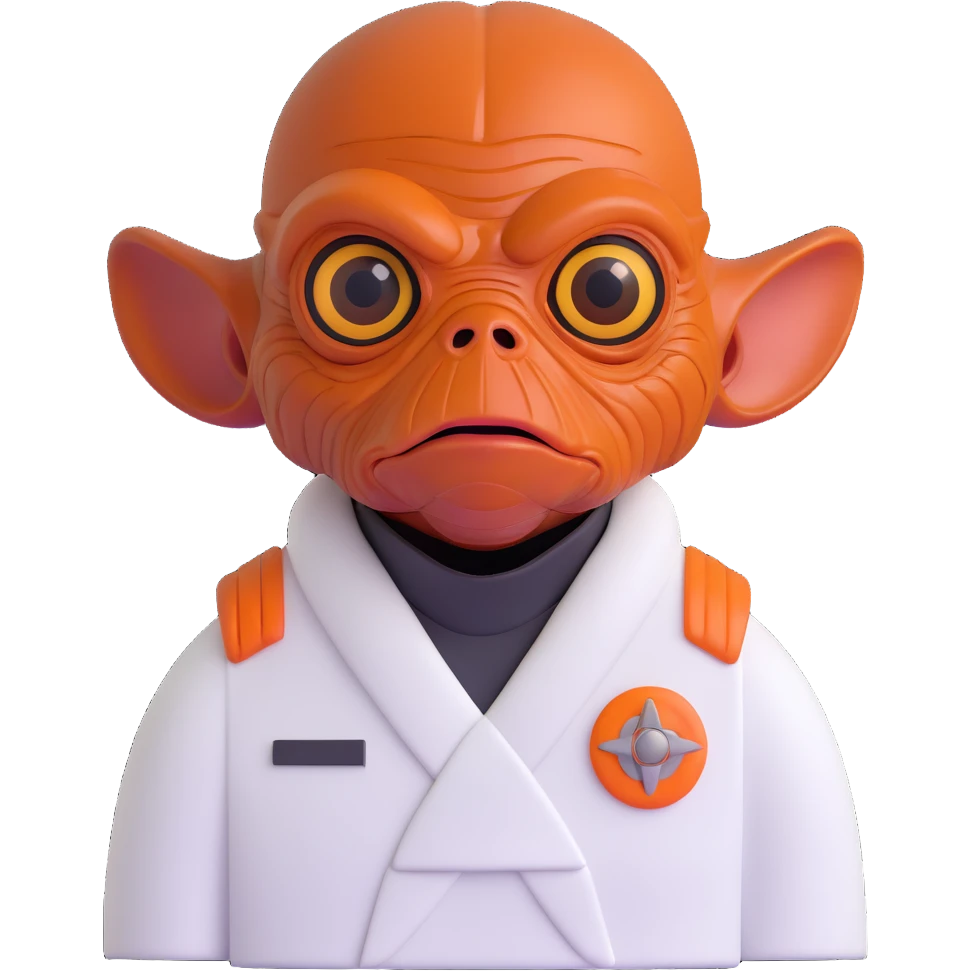 Admiral Ackbar from Star Wars emoji, 3D emoji style, expressive face, orange-brown skin, big eyes, white uniform emoji