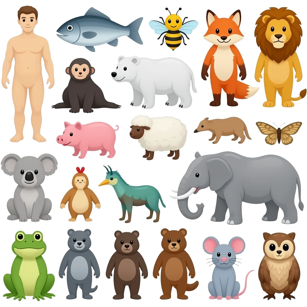 Chicken, Fish, Bee, Fox, Lion, Seal, Monkey, Pig, Sheep, Polar Bear, Donkey, Sloth, Bird, Koala, Elephant, Dog, Mole, Frog, Mouse, Beaver, Bear, Rhino, Owl, Ram, Moth emoji