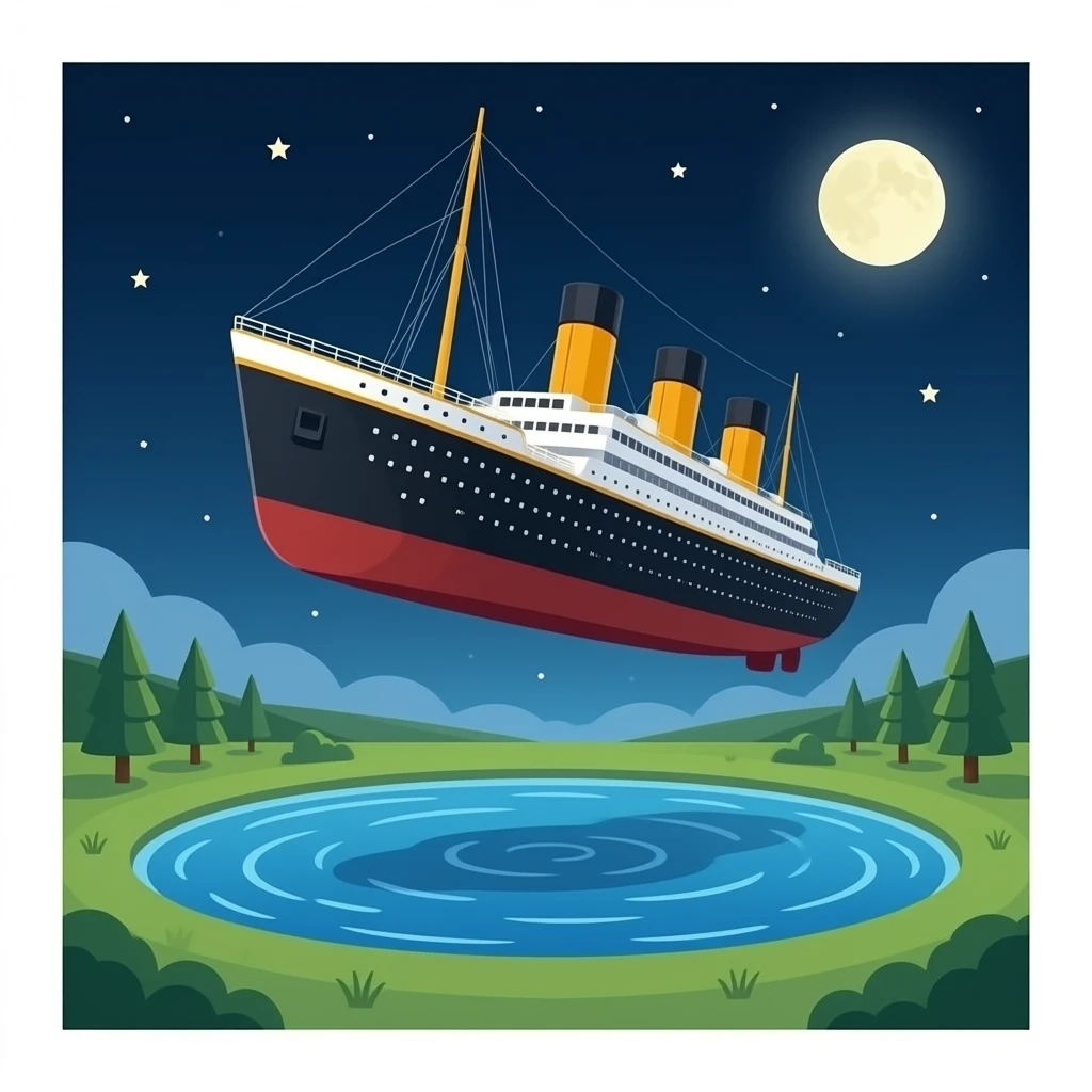 The sunken ship Titanic floats in the night sky above a shallow pool of water emoji