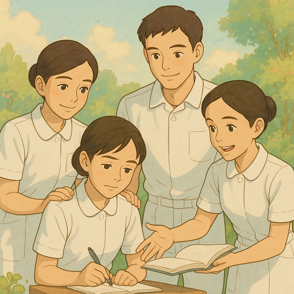Four nursing students, three girls identical in height and one taller boy, all in white short-sleeve uniforms without stethoscopes, helping each other, faces inspired by photos, Ghibli style, warm and caring atmosphere emoji