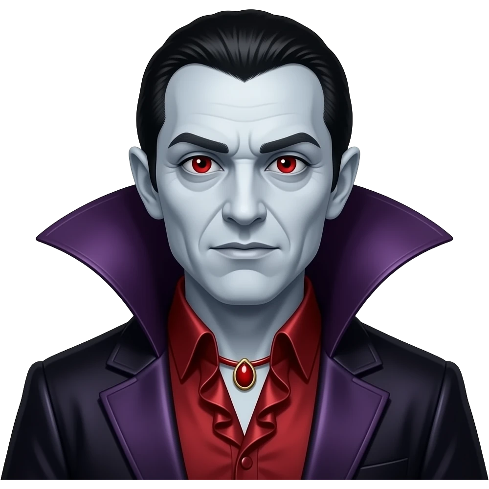 Count Dracula with pale-grey skin, red eyes, black hair, dark red metallic ruffle shirt, red necklace, dark violet metallic cape emoji