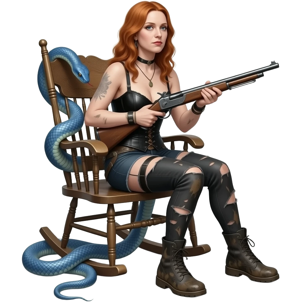 solarpunk ultra HD old and tired Tori Amos casually crouches on a rocking chair in a torn corset, holding a vintage lintlock double-barreled rifle and with muddy feet. a blue snake wrapped itself around the chair emoji