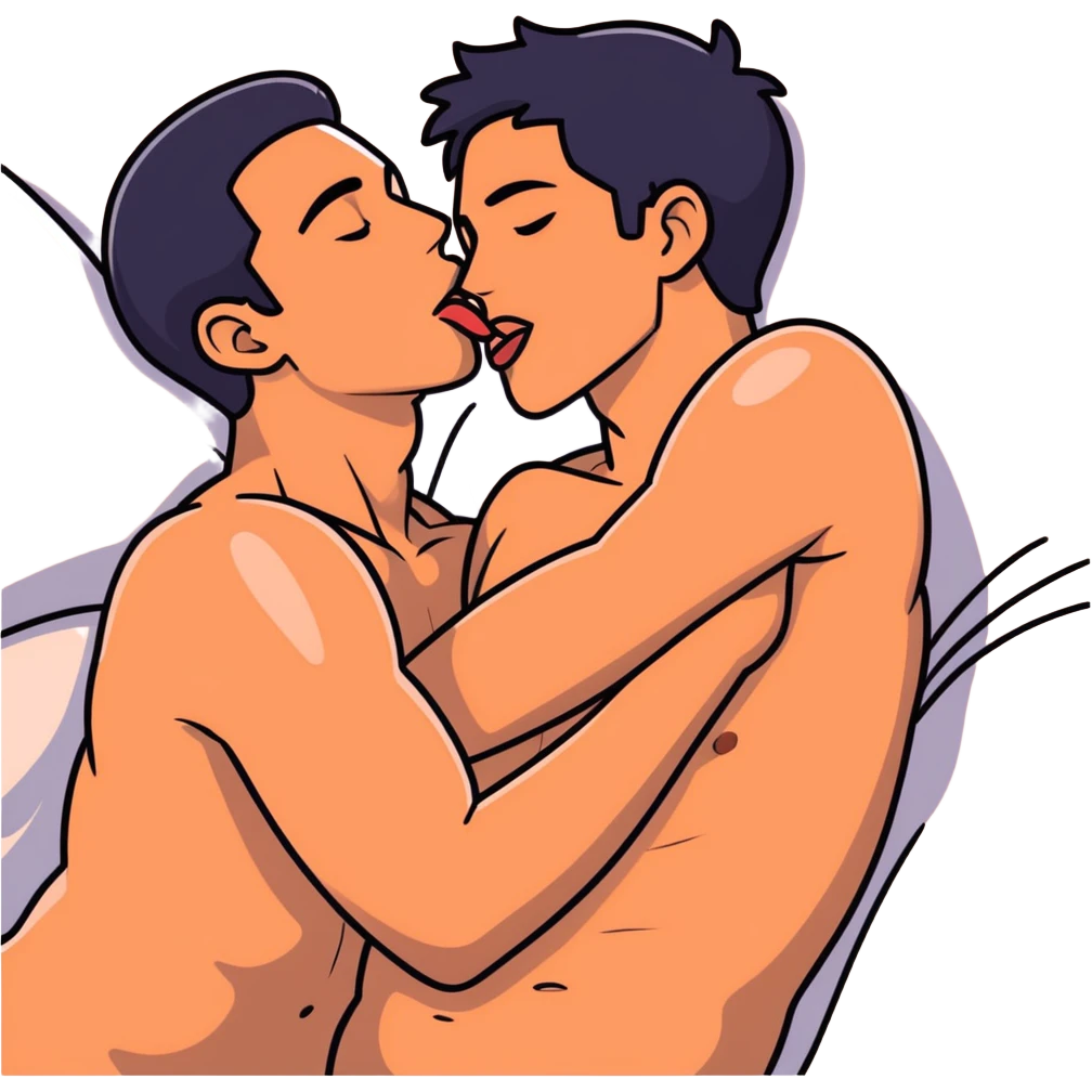 398.67(((White adult male dark hair))) ,(((Dark skin  adult male))), naked, ((( sexual touching genitals))) , intercourse,spooning, kissing eyes closed tongue open mouth ,penis view, erotic rubbing body emoji