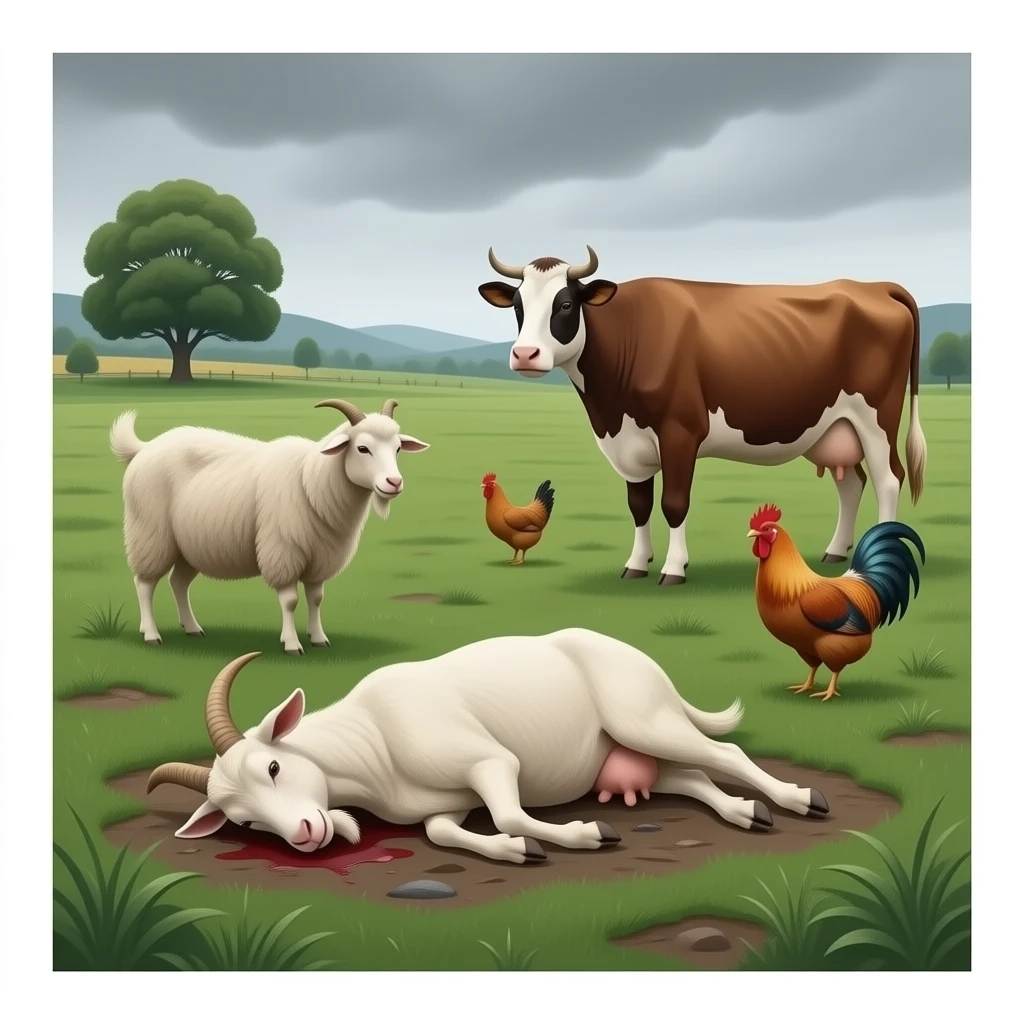 Sick and dying goats, sheep’s, chickens, cows in a field emoji