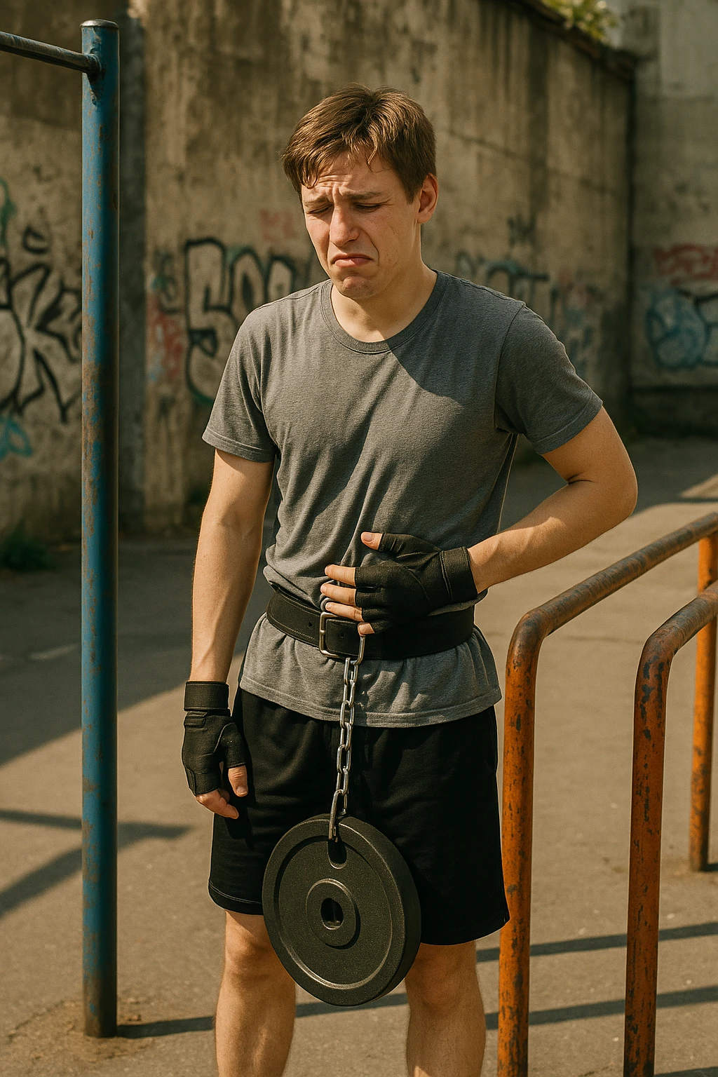 Giovane atleta neofita, fisico normale e non ancora sviluppato, si allena per la prima volta in uno spazio urbano per streetlifting: sbarra per trazioni, parallele, e pesi appesi alla cintura. Ma si è infortunato perchè non faceva le cose con la giusta tecnica. emoji