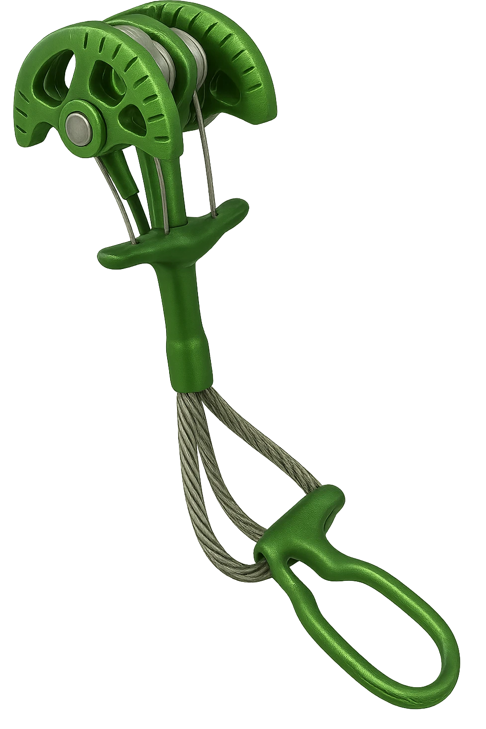 Trad climbing camming device in green, metallic, with lobes and a stem, isolated on transparent background, realistic metallic texture and details emoji