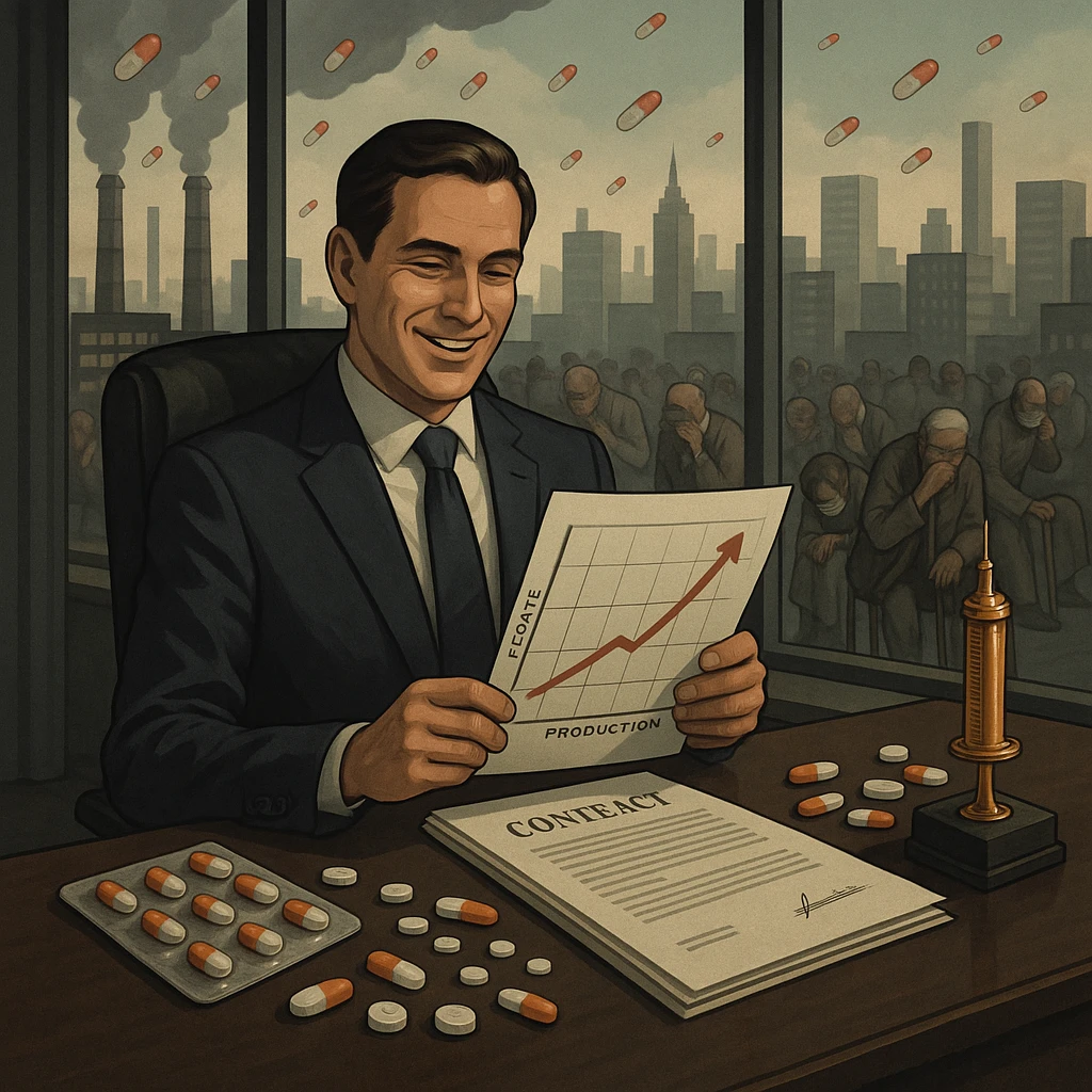 semi-realistic, dark corporate tone, metaphorical and critical atmosphere; a modern pharmaceutical executive in a luxury office overlooking a city filled with sick patients; he is smiling while reviewing charts showing profits rising as pill production increases; on his desk are pills, contracts, and a golden syringe as a trophy; in the background, factory chimneys emit capsules instead of smoke emoji