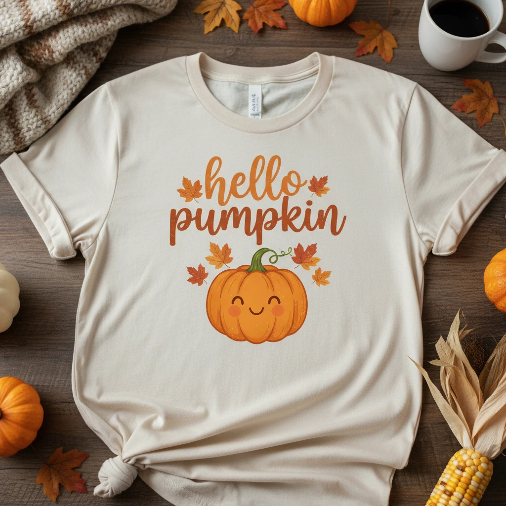t shirt with print "hello pumpkin" emoji