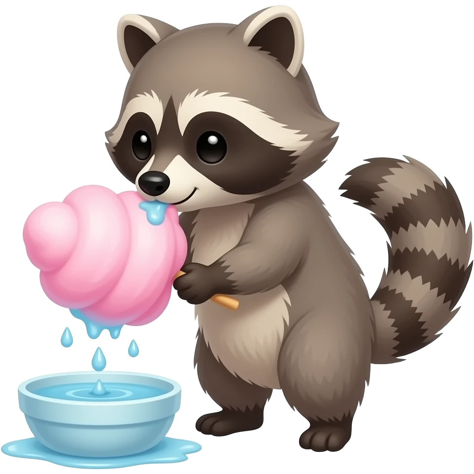 A cute raccoon dipping a pink cotton candy into a small bowl of water, washing motion, emoji style. emoji