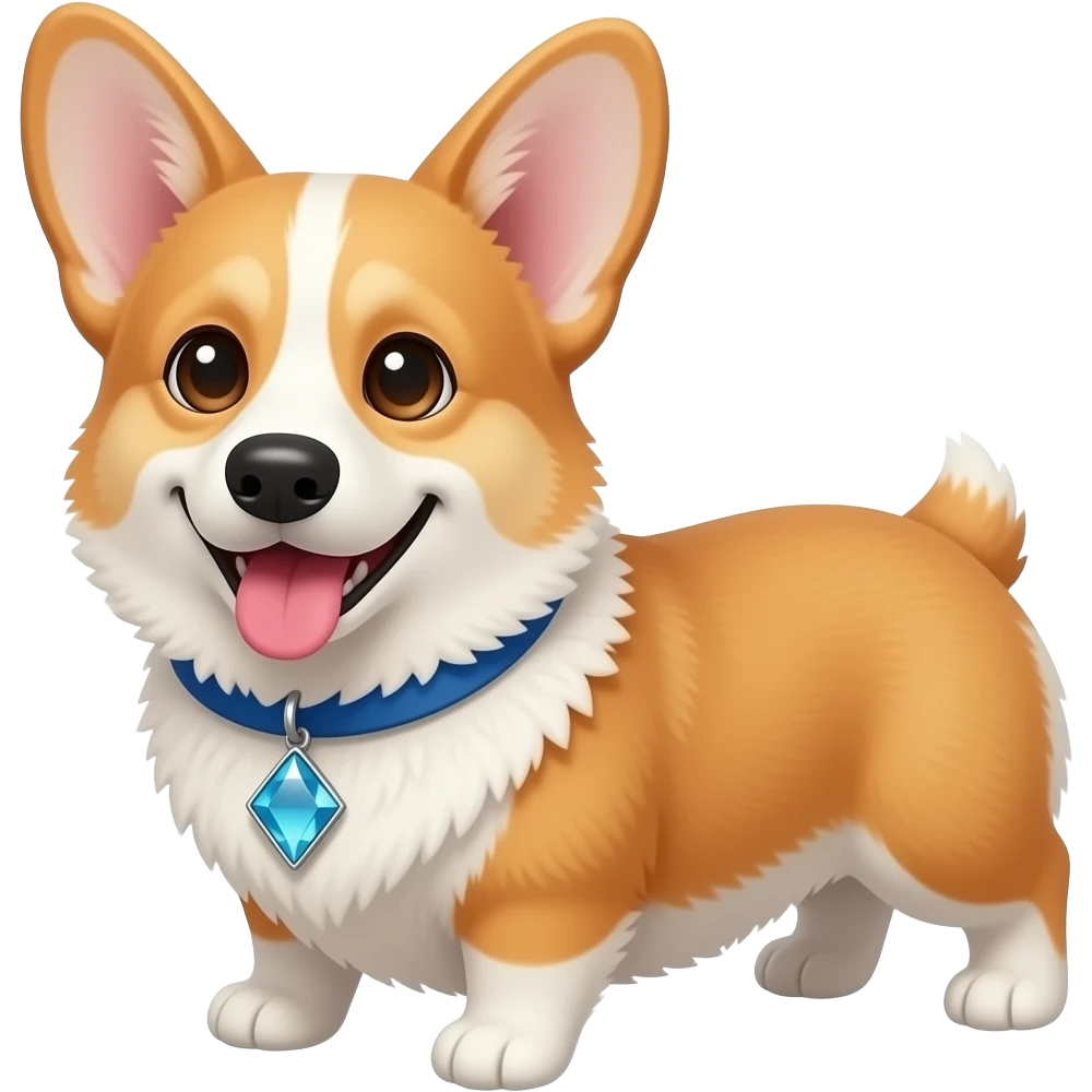 full body on four legs, silly corgi dog, looking at the camera, , tongue out and smiling , blue collar, diamond shaped opaque stone as collar pendant emoji