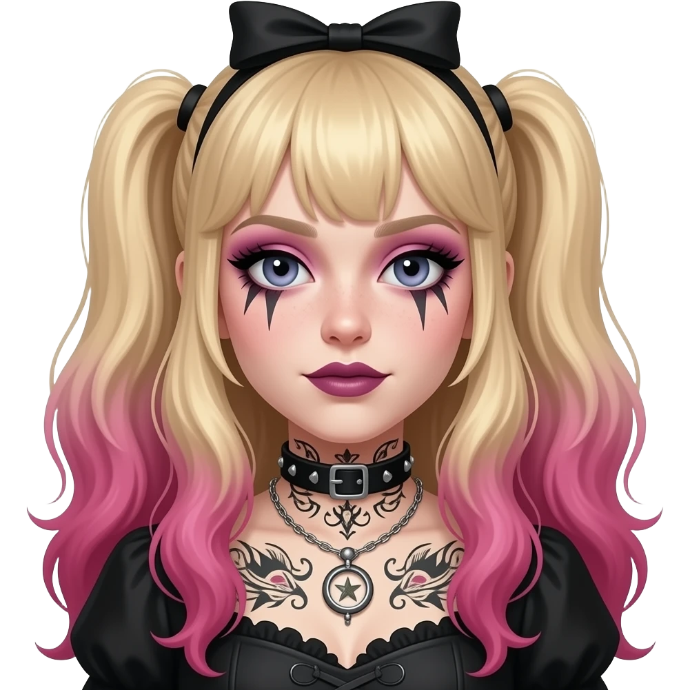 Realism punk goth Alice in Wonderland with neck tattoos, long blonde and pink hair, and dark eye makeup emoji