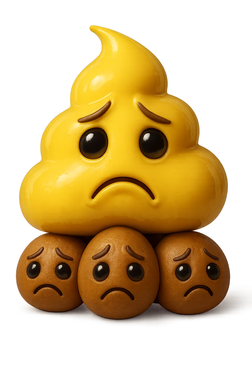 emoji stile iphone di una cacca giallina e liquida con espressione triste, sopra una montagnetta di feci a palline con espressione triste, iperrealistico 4k emoji
