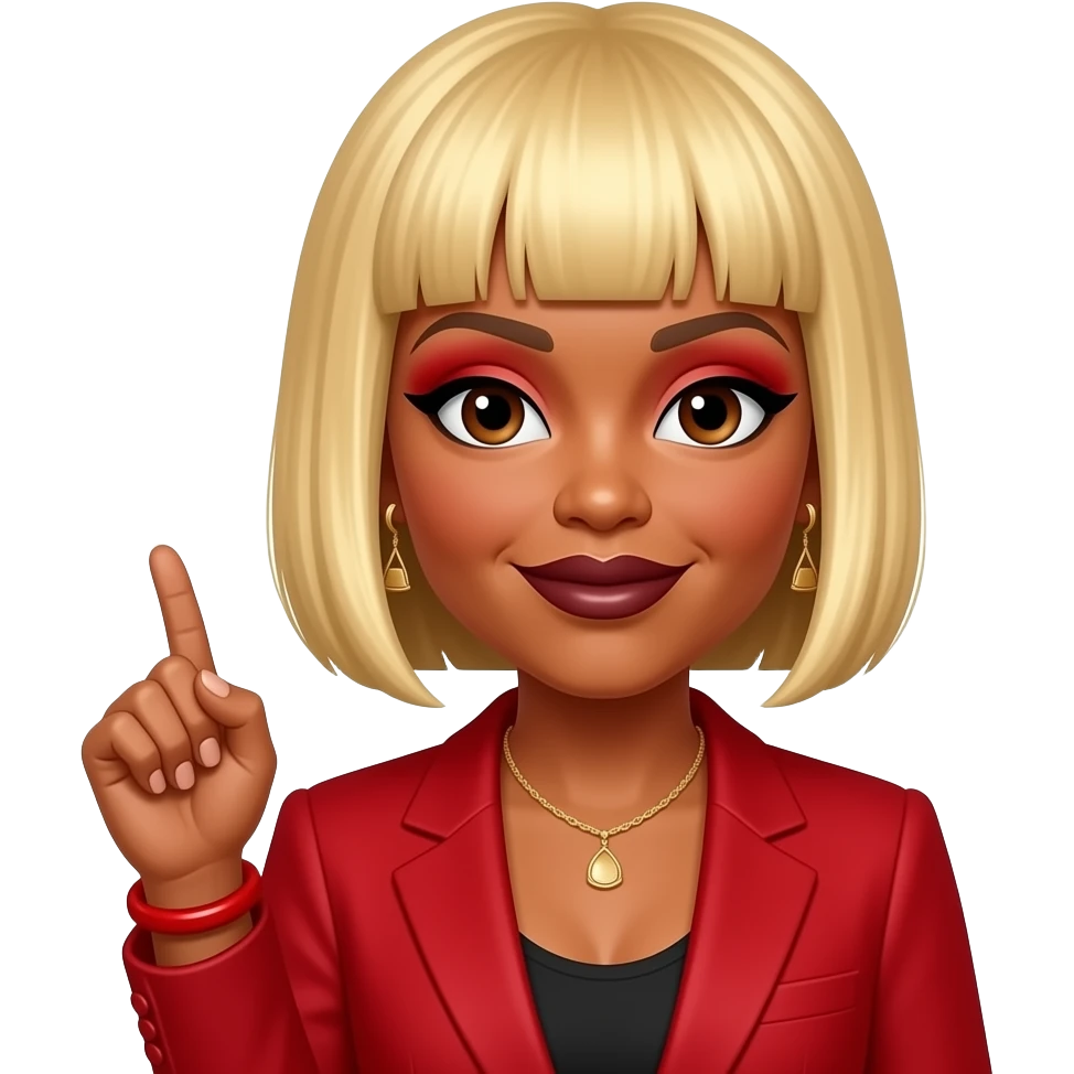 Tionne T-Boz Watkins from TLC with brown eyes, blonde micro-fringed bob hair, red eyeshadow, dark brown lipstick, red grammy suit jacket, red bralet, necklace and earrings emoji
