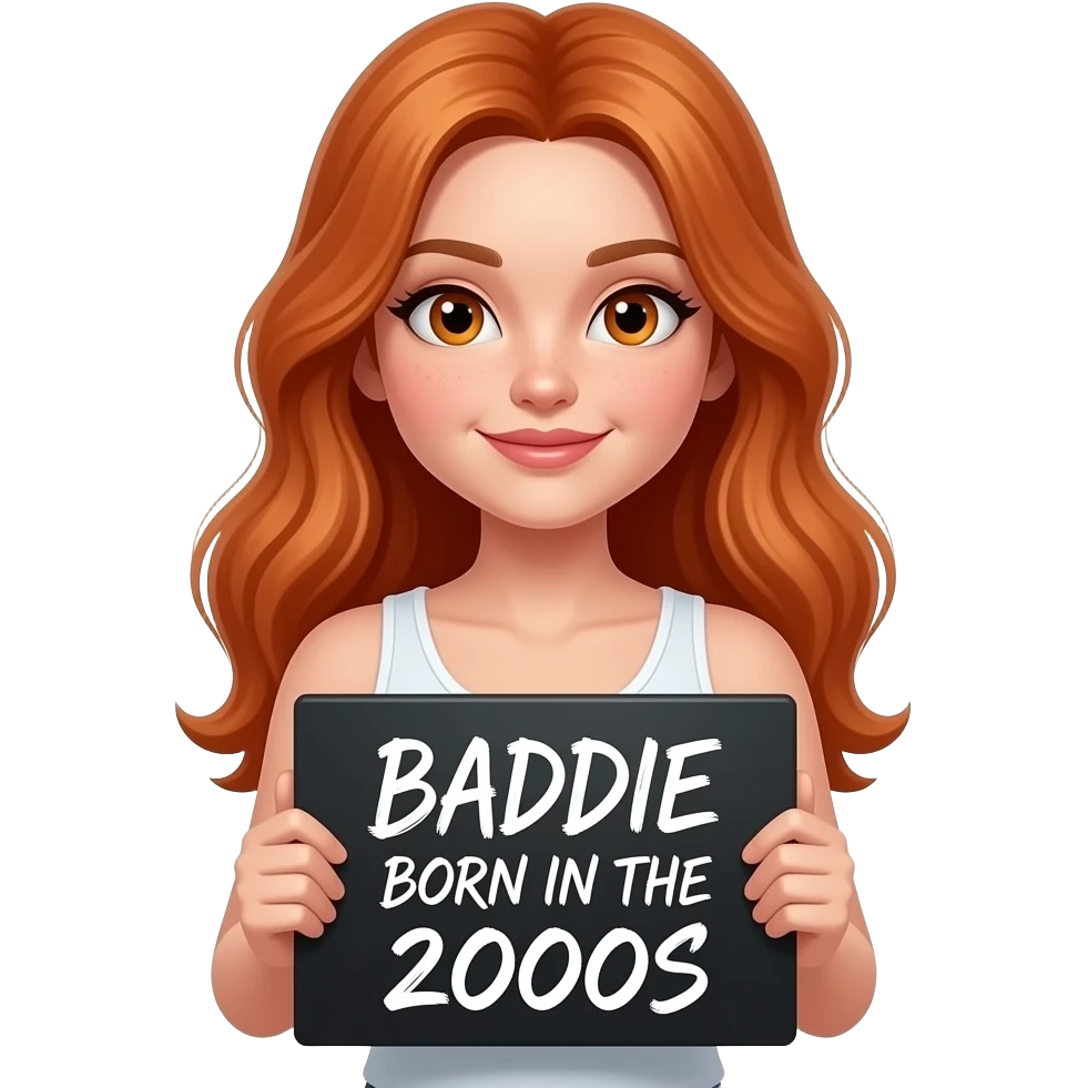 sexy girl with long ginger hair and ginger eyes wearing a white tanktop is holding a black sign with BADDIE BORN in the 2000s written on it emoji