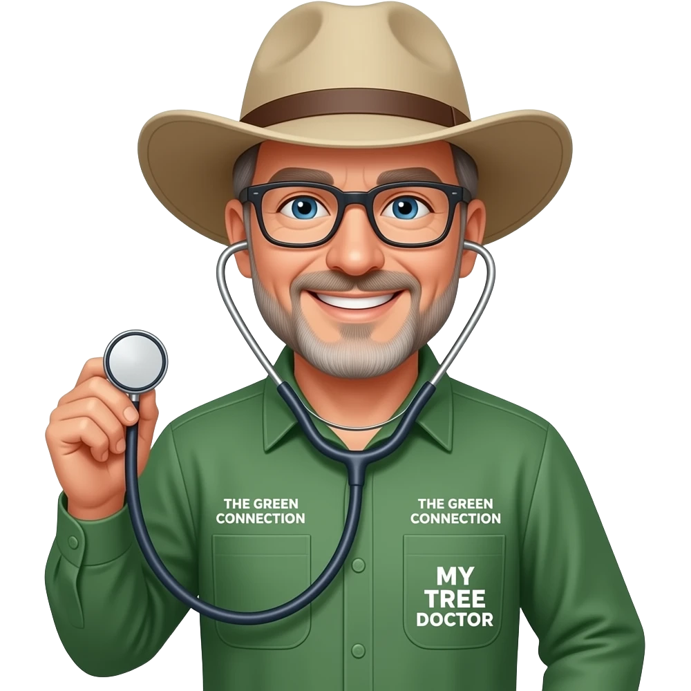 smiling middle-aged man blue eyes. Dark rectangle glasses, in green-collared, long-sleeve shirt.  Flatter wider-brim Australian Akubru hat. Holding a stethoscope. Insert 'THE GREEN CONNECTION' in white directly onto the left pocket & onto the right pocket, place only the words 'MY TREE DOCTOR' emoji