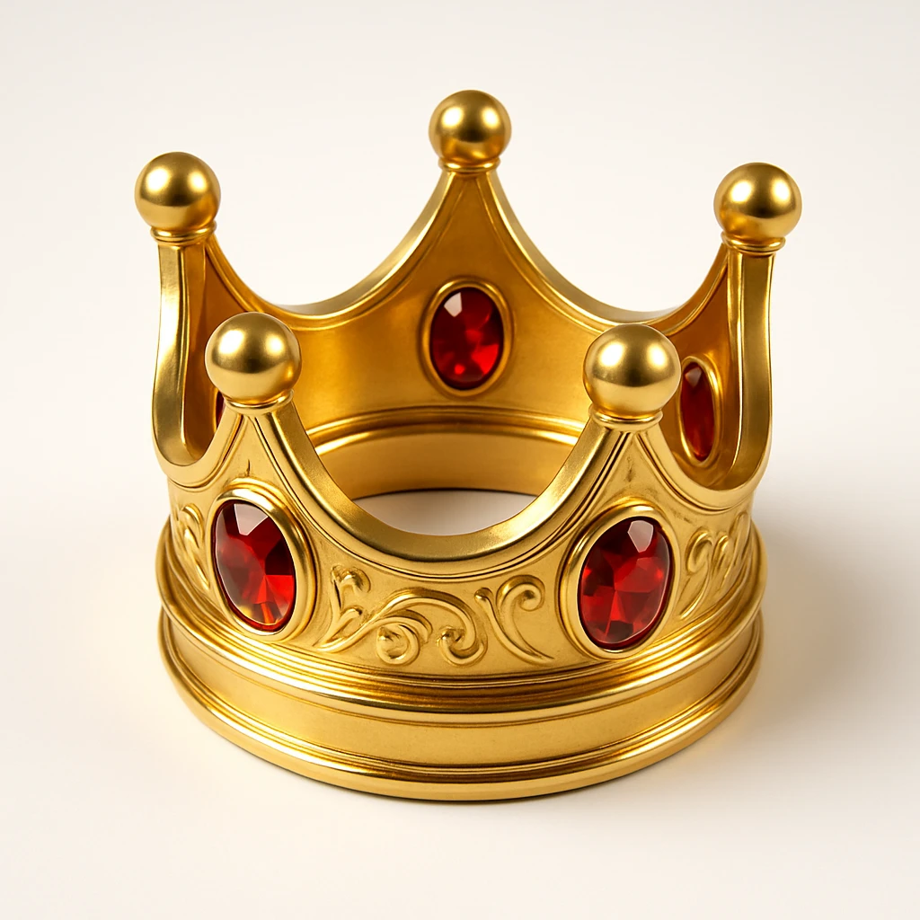 realistic big glowing gold crown with red gems, photorealistic style emoji