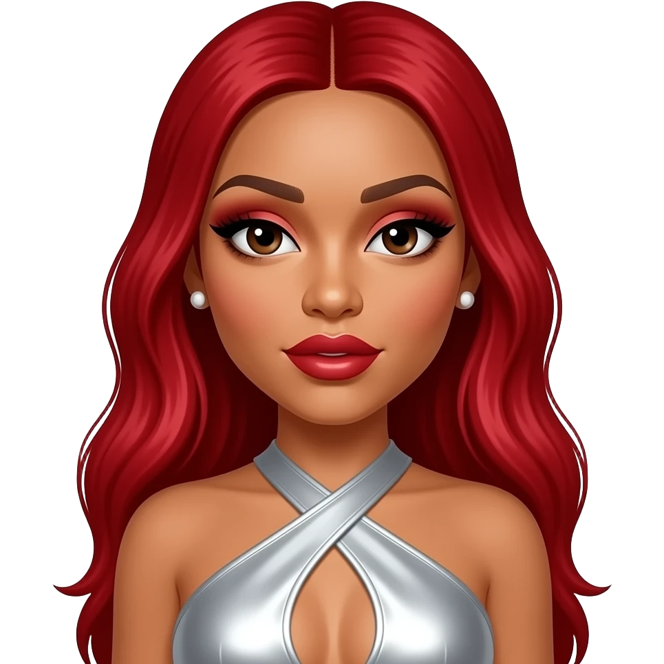 Megan thee Stallion with dark brown eyes, long bright red hair, red eyeshadow and lipstick, white metallic halter dress, white earrings emoji