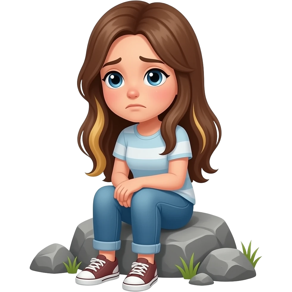 una chica sentada en una roca,  i tiene el pelo largo i castaño con un poco de rubio esta cansada emoji