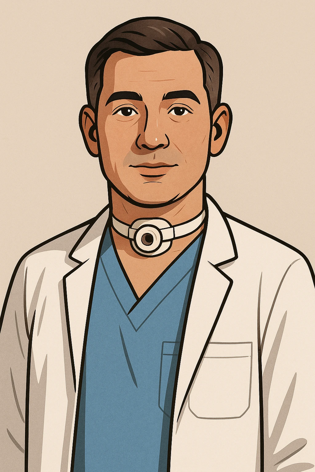 doctor with a visible tracheotomy tube, medical uniform, clear facial features, neutral background, modern illustration emoji